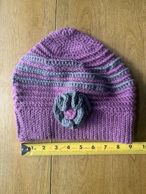 Hand Crafted Pink & Gray Knit Flower Beanie for Adults